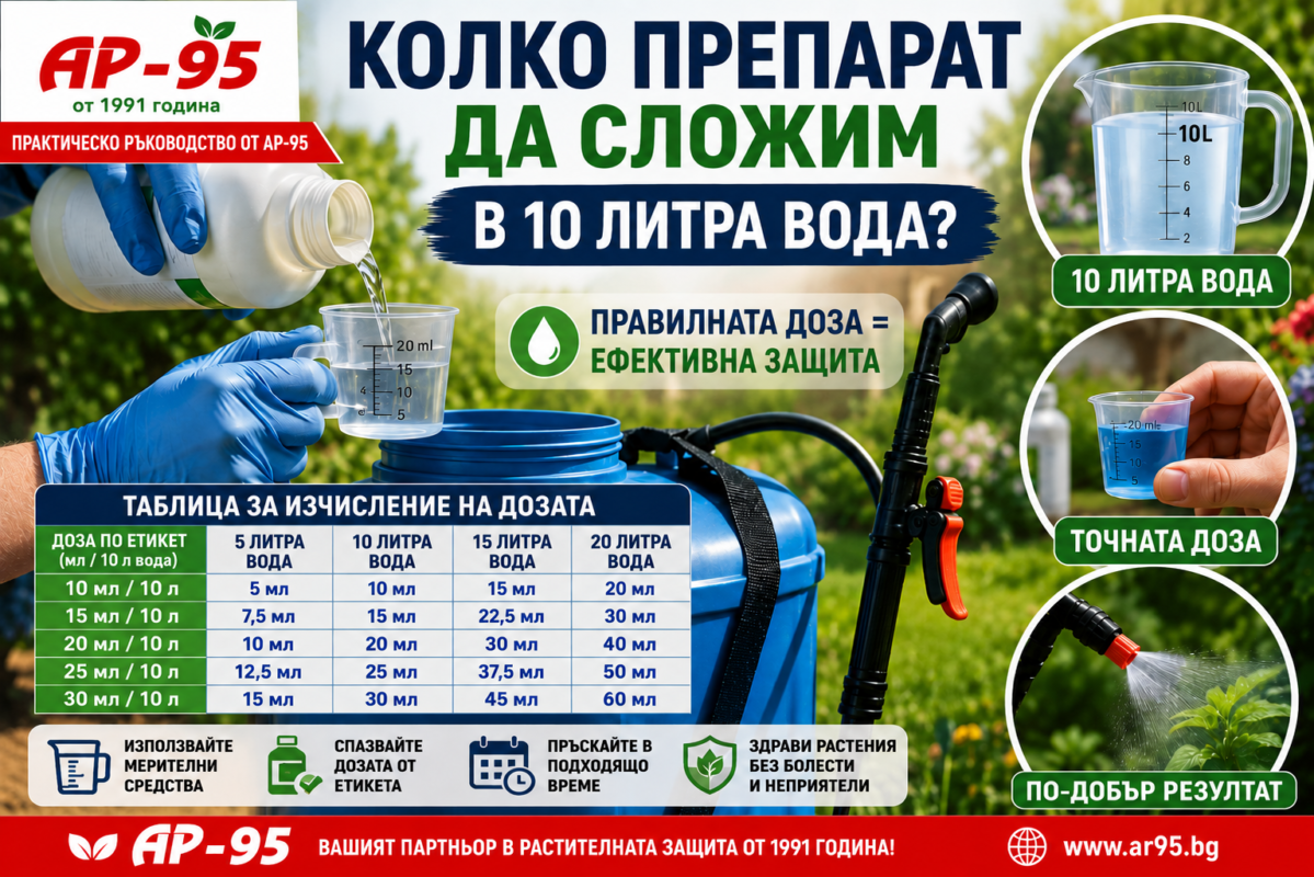колко препарат да сложим в 10 литра вода – инфографика за изчисляване на дозата при пръскане