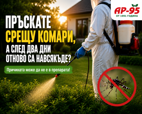 Пръскане срещу комари в двор с гръбна пръскачка привечер